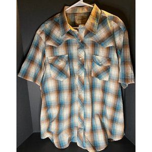 Wrangler Mens 2XL Shirt Brown Blue Checkered Plaid Western Pearl Snap Outdoor